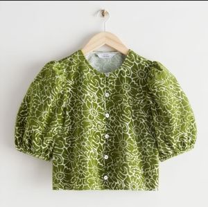 &Other stories Shell Button Green Velvet Floral Puff Sleeve Blouse NWT